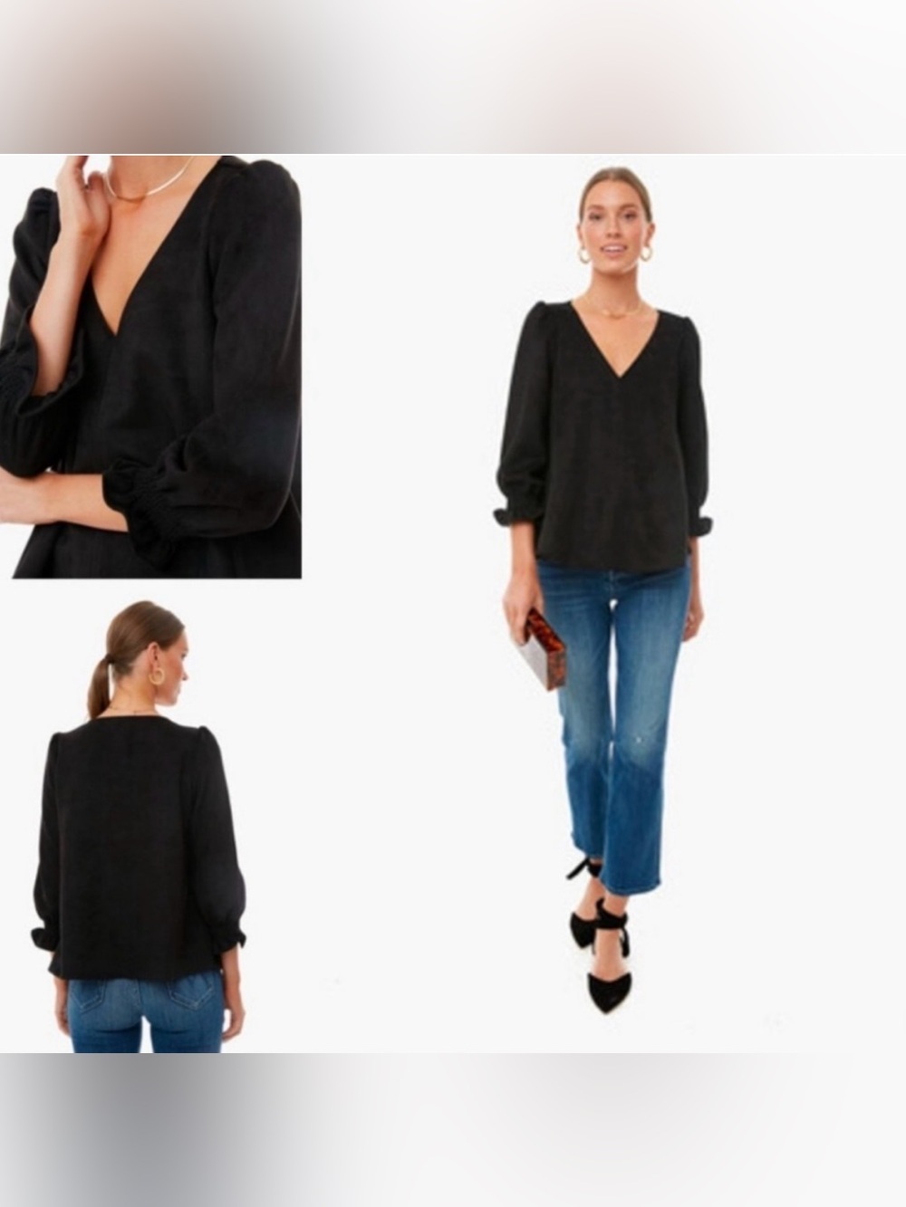 Pomander Place Easton Swing V Neck Long Sleeve Blouse in Black Small Cotton - Picture 2 of 11